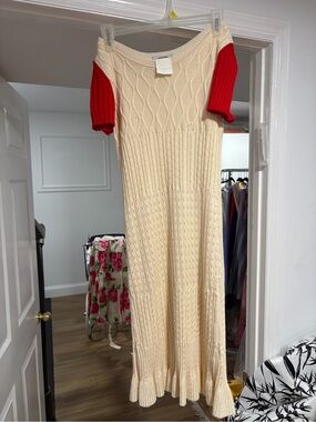 Moschino Cream Maxi Knit Dress with Red Sleeves